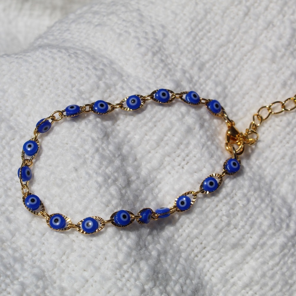 Gold and Dark Blue Beaded Turkish Eye Bracelet